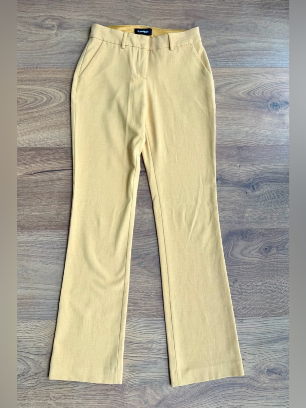 Express | Columnist Barely Boot Pants Size 0R Yellow Stretch Mid Rise